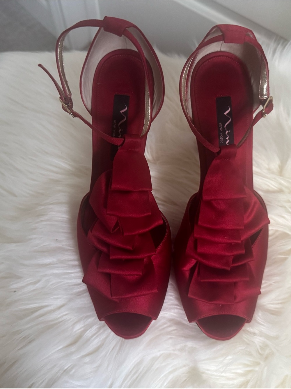 Nina Red Satin Ruffle Peep-Toe Ankle Strap Heels